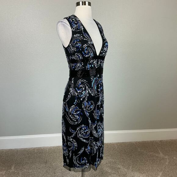 Aidan Mattox Beaded Deep V-Neck Midi Sheath Sparkly Cocktail Dress Black Size 10 - Picture 2 of 13